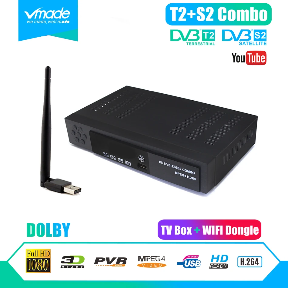 Vmade Dvb Combo T2 + S2 8902 поддержка ТВ коробок IP tv Youtube H.264 AC3 цифровой спутниковый прием с USB