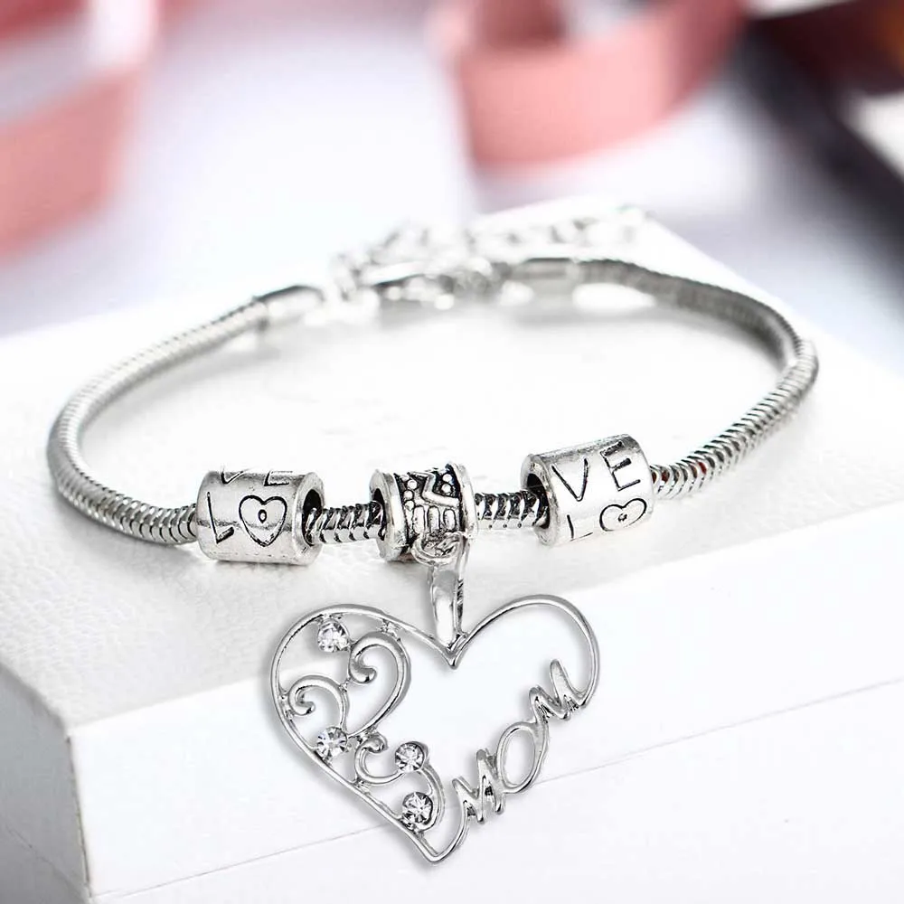 Heart Mom Bracelet Любовь Сердце браслет для женщин мужчин сестра мать отец бабушка подарки Шарм браслет в подарок учителю семья мама лучшие друзья подарок - Окраска металла: Heart Mom Bracelet