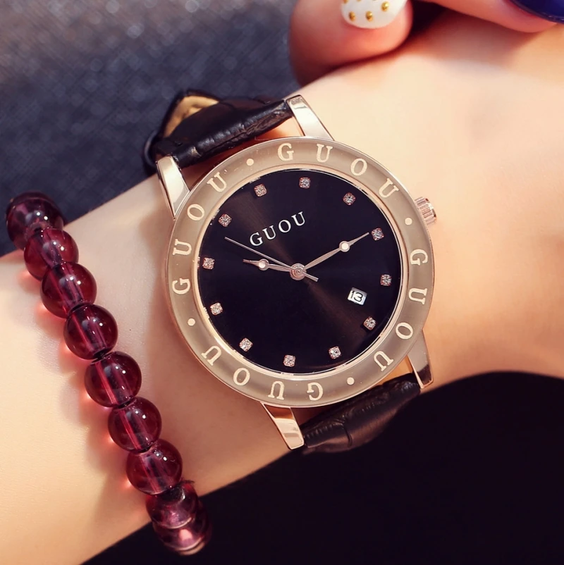 Женские Водонепроницаемые Часы GUOU из натуральной кожи с календарем | Наручные