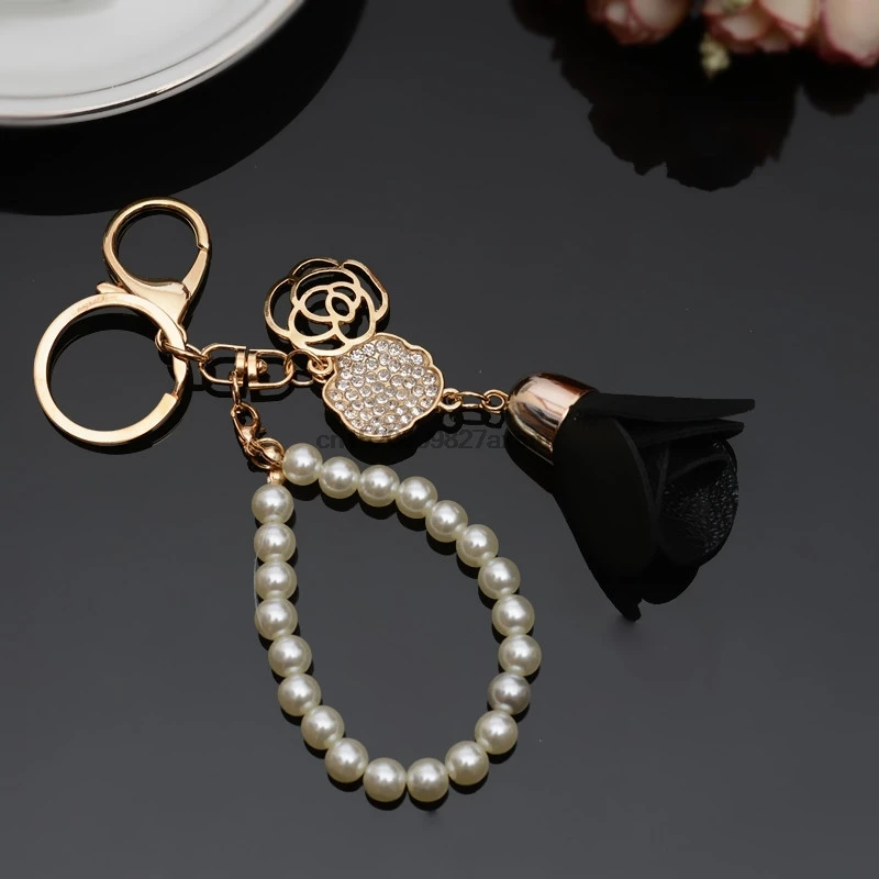 100PCS Camellia Leather Tassels Keychain Bag Pendant Car Ornaments Creative Gifts Long Key Chain Buckle Ring | Украшения и