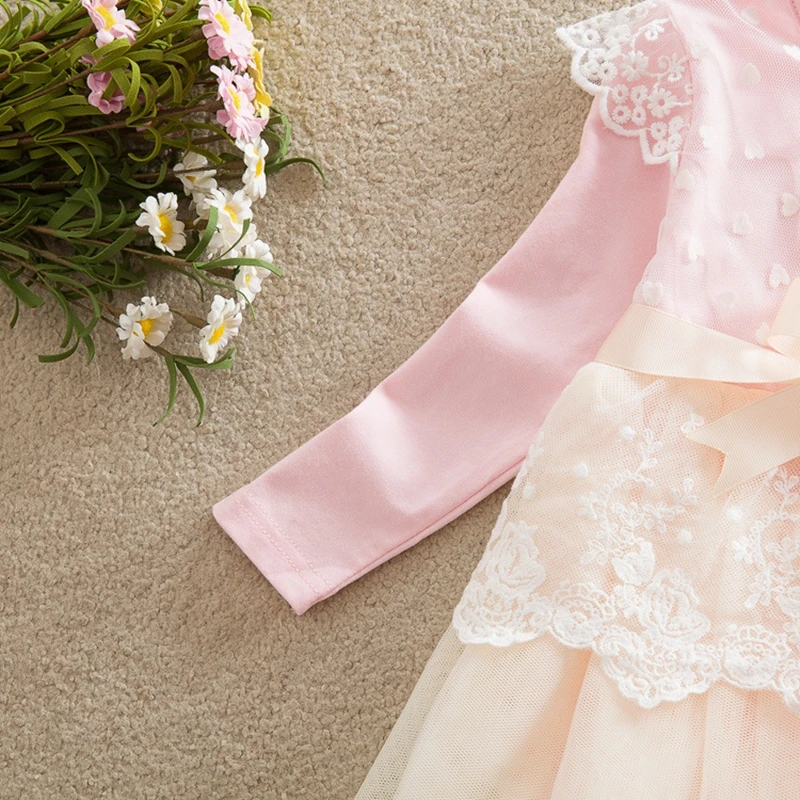 girl dresses neat fall new o-neck 100% cotton kids clothes lovely lace mesh girls butterfly belt long sleeve LD6613 | Детская одежда и