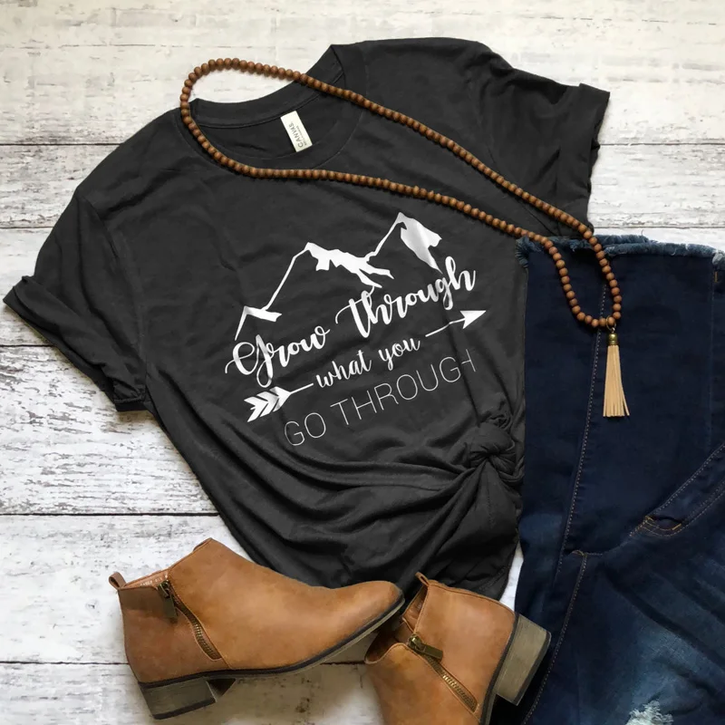 Grow Through What You Go T-shirt Summer Graphic Inspirational Camping Tees Tops Men Women Aesthetic Tumblr Travel Tshirt | Женская