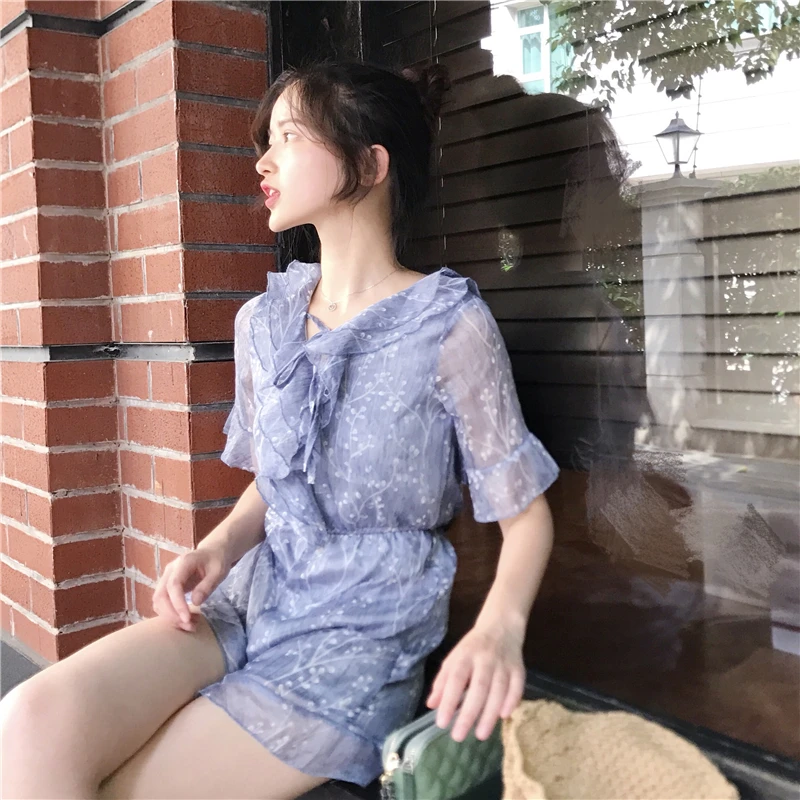 BGTEEVER Vintage Elastic V-neck Ruffles Floral Print Summer Playsuit Elegant Chiffon Women Rompers feminino 2018 | Женская одежда