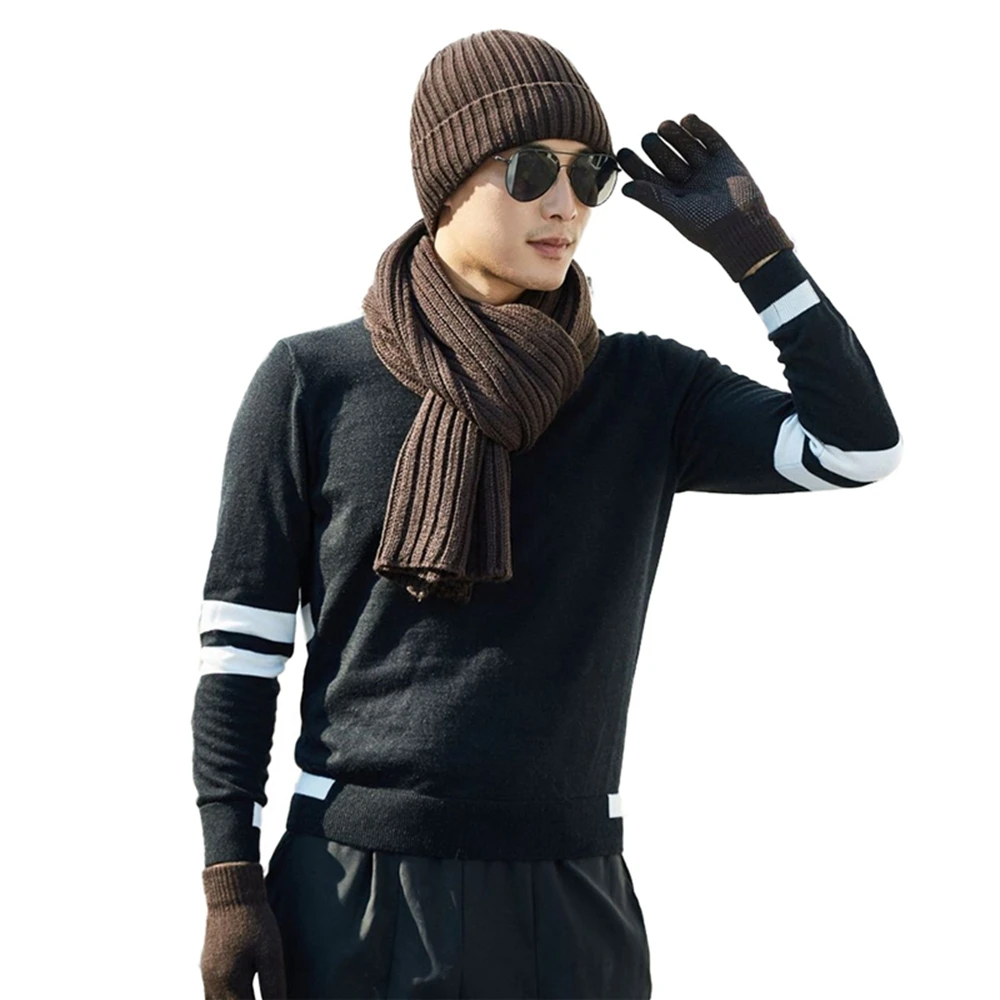 Winter Slouchy Beanie Pure Color Hat &amp Scarf Touchscreen Gloves Three-piece Set Autumn Fashion Warmer Unisex Cap |