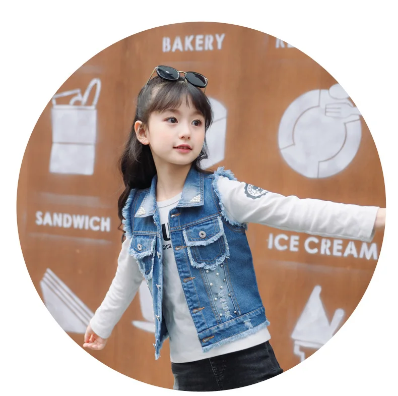 Spring and Autumn Cool Children's Wear Cotton Children Denim Vest Jacket Beads Cartoon Pattern Embroidered Lapel Jacket4-7Y | Детская