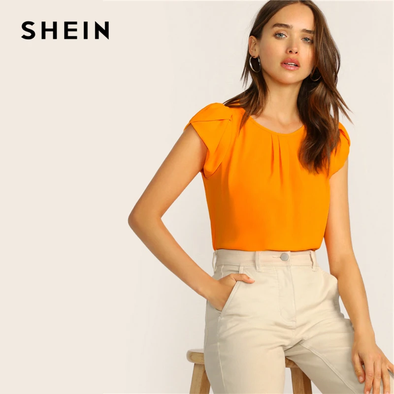 SHEIN Элегантная блузка с рукавом-лепестком сзади, женская летняя блуза, плиссированная рабочая одежда, шифоновая блузка для офиса