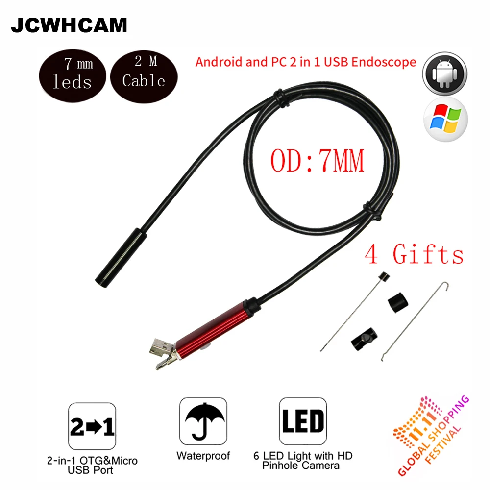 Кабель JCWHCAM 2 м водонепроницаемая usb камера эндоскоп IP67 с объективом в 1 7 мм мини