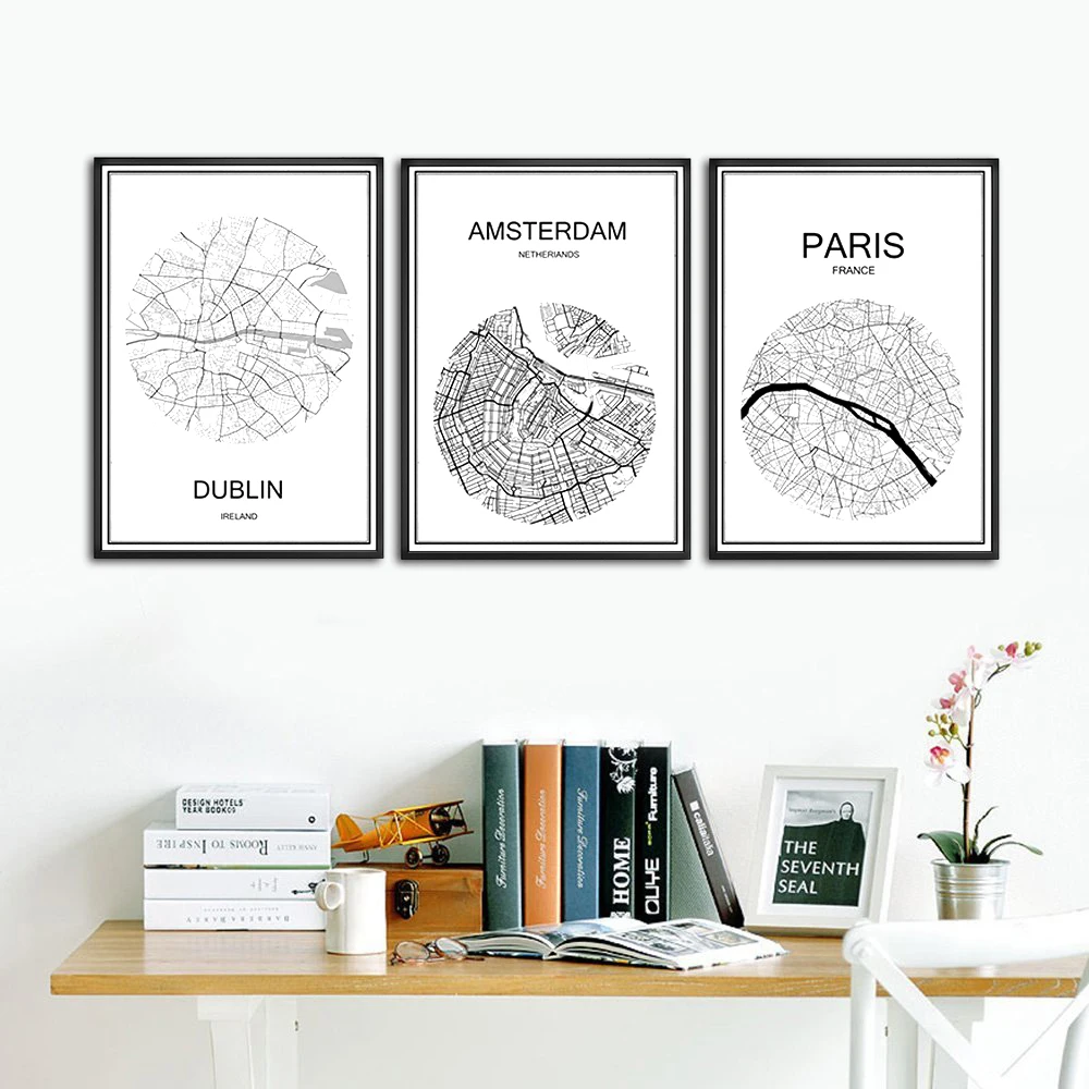 Черный белый цвет карта городов мира-Паулу Бразилия принт с покрытием Бумага для