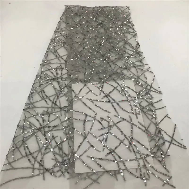 

Sequins Net Lace Fabric 2019 High Quality African Mesh Wedding Bride Dress Sewing Sequined Embroidered Material grey green