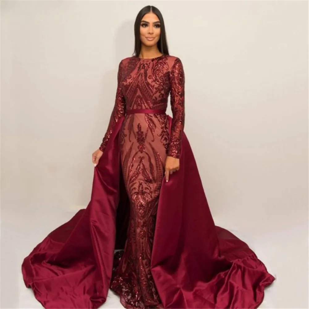 

Amazing Dark Green Sequins Lace Mermaid Evening Dress Long Sleeve Detackable Train Custom Made Formal Occasion Dresses 2019 New