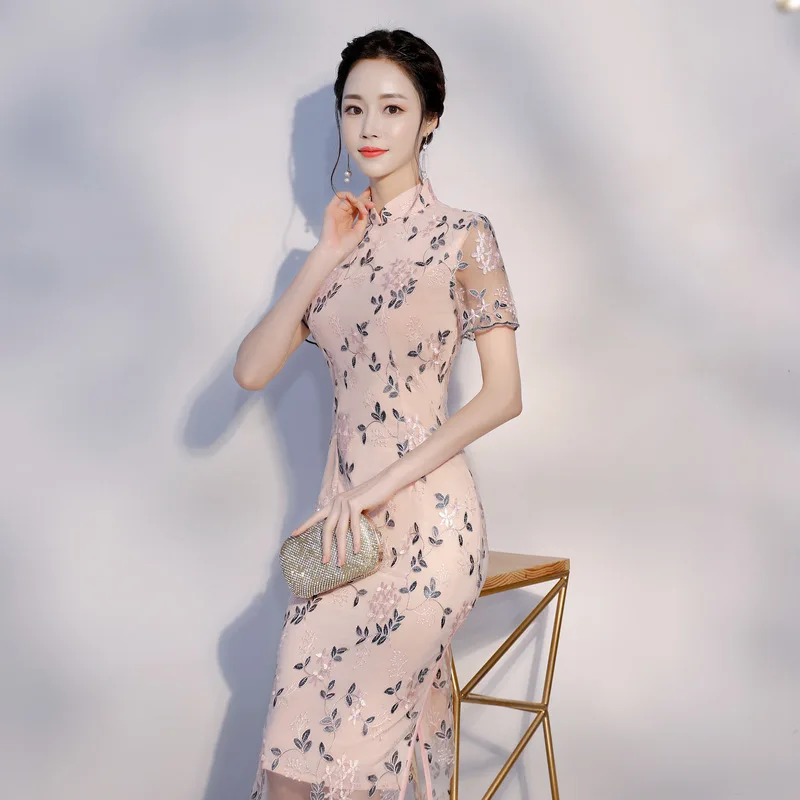 Qipao Cheongsams платье китайское женское кружевное современное элегантное тонкое платье Чонсам с коротким рукавом женское офисное женское платье для работы
