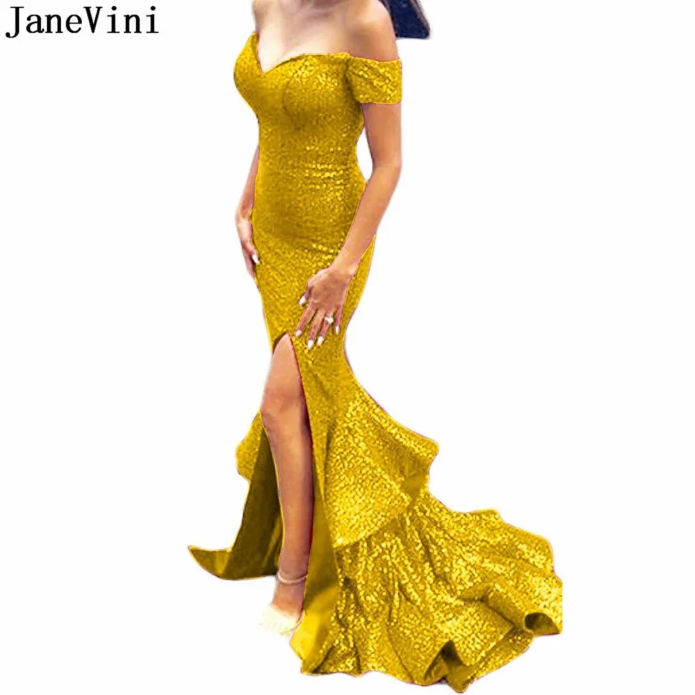 

JaneVini Arabic Sexy Prom Dresses 2019 V Neck Bling Sequins Mermaid Ruffles Plus Size Dubai Gold Prom Dress Long Vestidos Largos