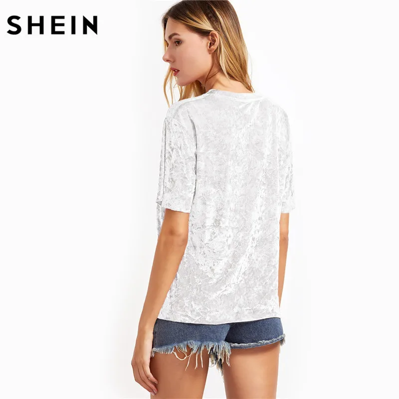 SHEIN, женские повседневные футболки, Лето, женские топы, белые, короткий рукав, измельченный бархат, футболка с круглым вырезом, женская футболка, Топ