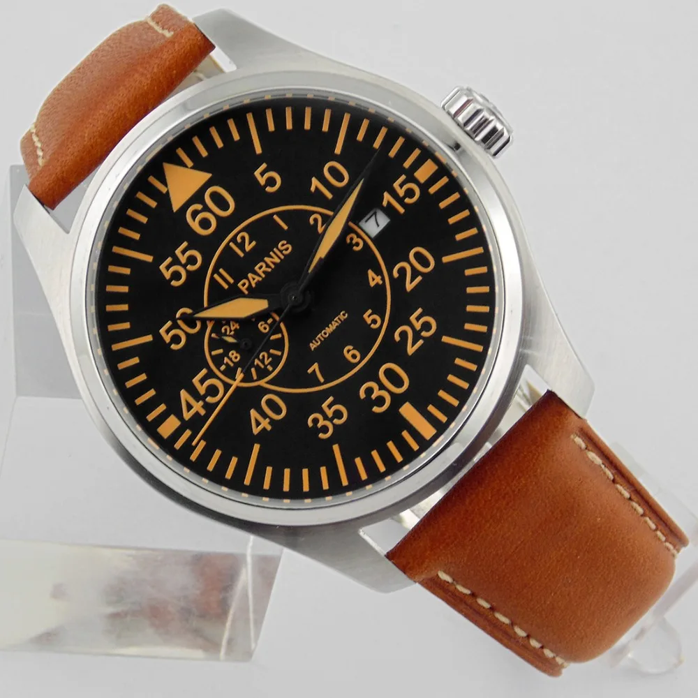 Parnis 44 мм черный циферблат с желтым знаком из нержавеющей стали Miyota