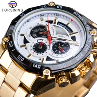 forsining fashion men sport watch automatic multifunction waterproof date golden steel band mechanical wrist clock horloges gift