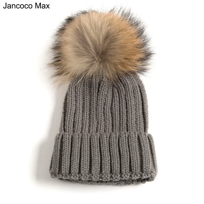 Jancoco Max Новинка года натуральный мех енота большой помпоном Hat шапка из натурального меха зимние теплые модные эластичные /розничная S1643