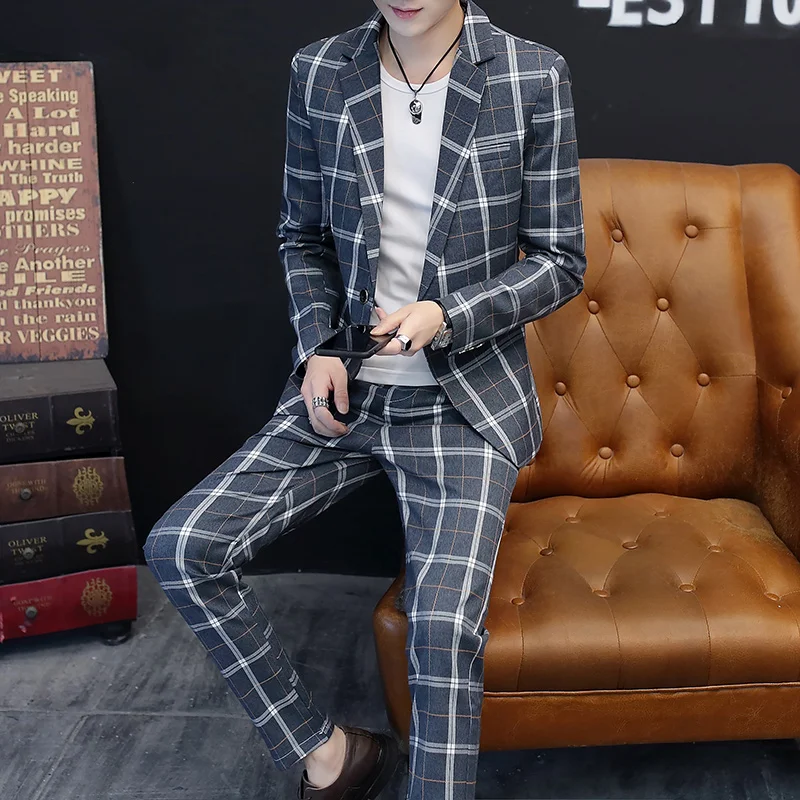 Весна осень Для мужчин с британской Бизнес Повседневное Slim Fit плед Костюмы