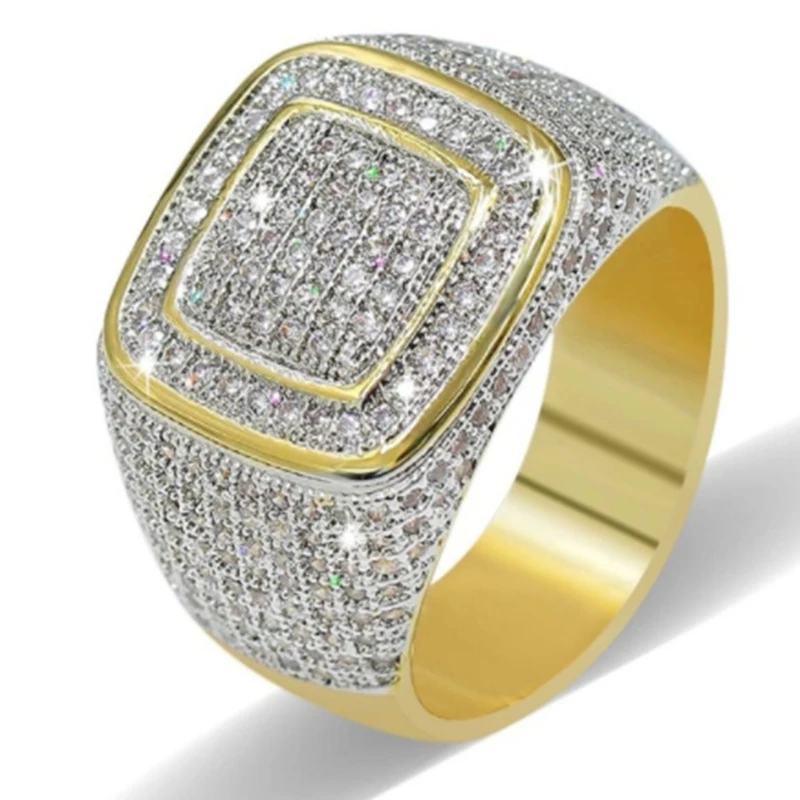 Хип-хоп Стразы Iced Out Bling квадратное кольцо Роскошный Золотой цвет микро Pave CZ кольца для мужчин свадебные ювелирные изделия подарок L5N942