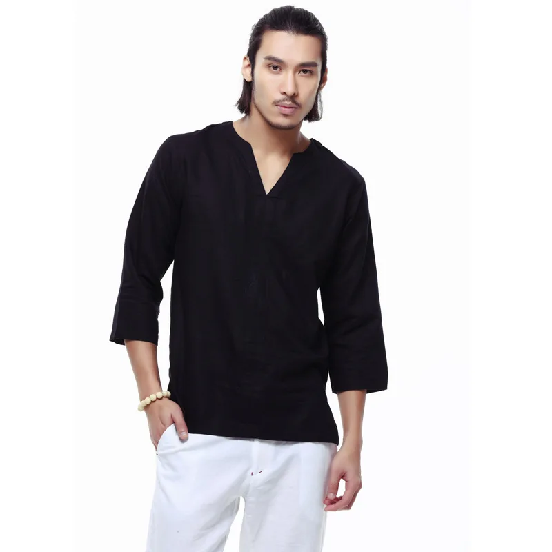 Рубашка Мужская льняная с рукавом 3/4 и V образным вырезом|men half sleeve shirt|linen shirtshirt casual