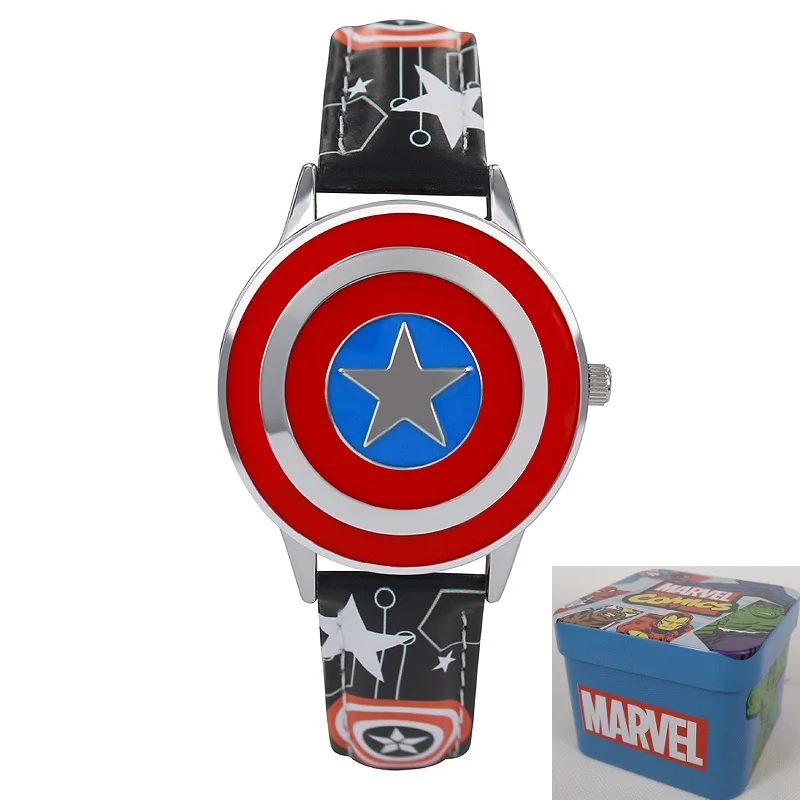CA-BK BOX GIFT Marvel Мстители Капитан Америка ребенок раскладушка кожа Водонепроницаемый Дети Кварцевые металлический чехол для часов Дисней 81032 Relojios Горячая - Цвет: CA-BK BOX GIFT