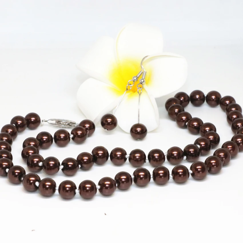 

Chocolate round simulated-pearl shell 8mm beads necklace earrings for women romantic weddings anniversary jewelry 18inch B2348