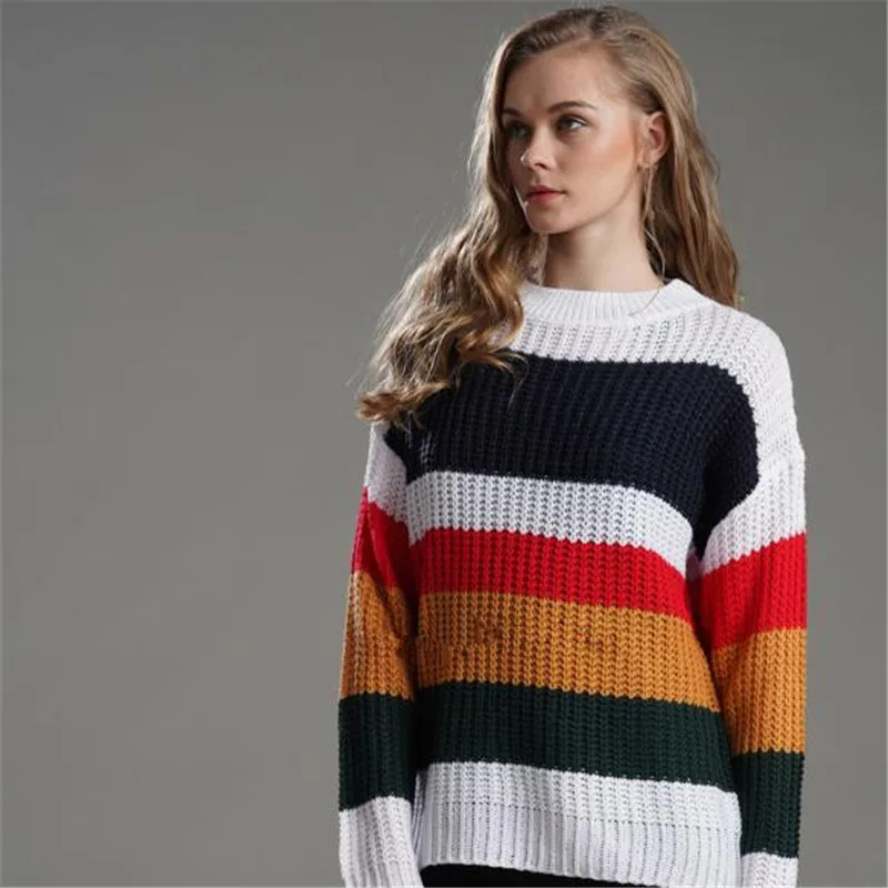 WKOUD 2019 Winter Women Clothes Fashion Striped Printed Sweaters Sexy Long Sleeve OL Knitted Pullovers New Streetwear Y8055 | Женская