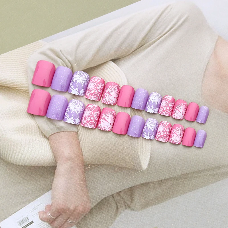 Elegant 24pcs/set Romantic purple Painted flowers design false nails Middle-long lady full nail tips Patch art tool bride | Красота и