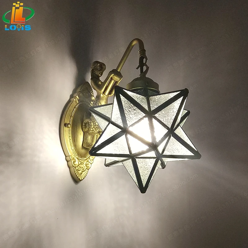 

Simple Chinese Blue Five-Pointed Star Tiffany Wall Lamp Aisle Stairs Balcony Bedroom Bedside Lamp Lighting Stylish Restaurant