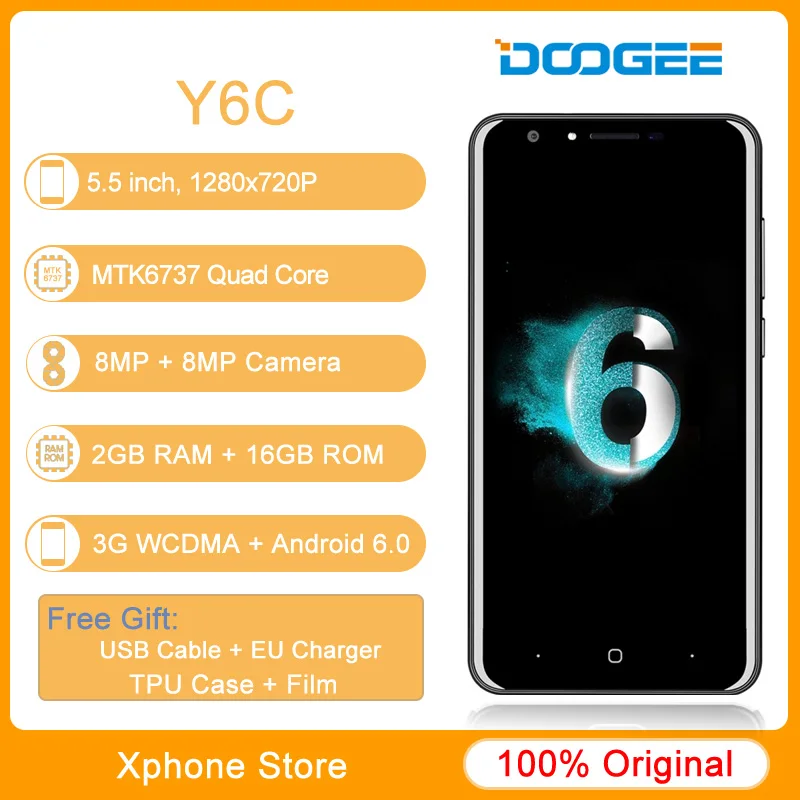 Doogee Y6C Y6 c 5.5 ''мобильный телефон 2.5D Android 6.0 MTK6737 64-бит 4 ядра 2 ГБ + 16 Dual SIM