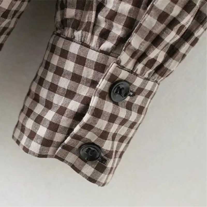 Office Women Blouse Plaid Shirt Vintage Long Sleeve Stand Collar Checked Top Cotton Loose Fashion Blusa |