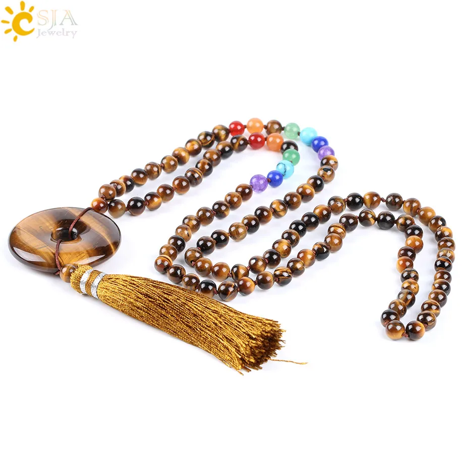 CSJA Reiki Boho Tassel Necklaces Chakra 6mm Natural Gem Stones Yoga Mala Bead Pink Quartz Round Donut Pendant Long Necklace E800 |