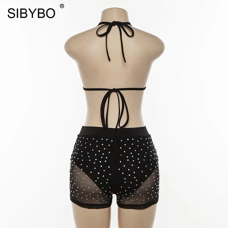 Sibybo, Алмазный Холтер, сексуальный укороченный топ и шорты, комплект, без рукавов, сетка, летний комплект из двух частей, женский, открытая спина, пляжная одежда, Женский комплект