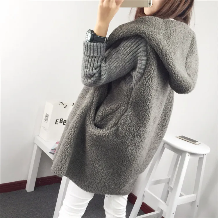 Women Fashion Sweater Cardigan Long Paragraph Lamb Hair Thick Loose Hooded Jacket Solid Color Winter Warm Wild Coat Best Gifts |