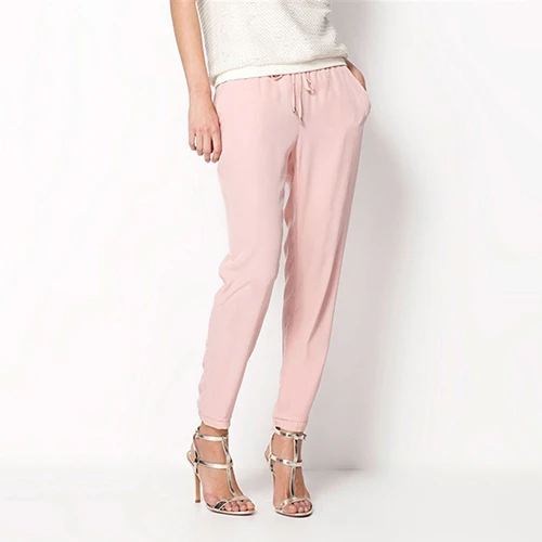 Повседневные женские брюки однотонные шифоновые шаровары на шнуровке с