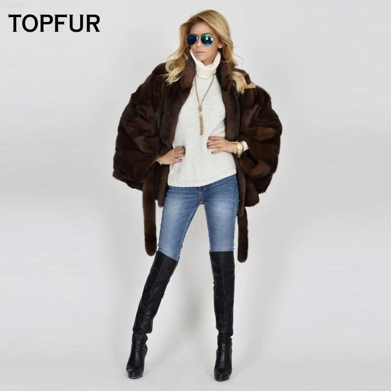 Женская короткая шуба TOPFUR коричневая из натурального меха норки с рукавом