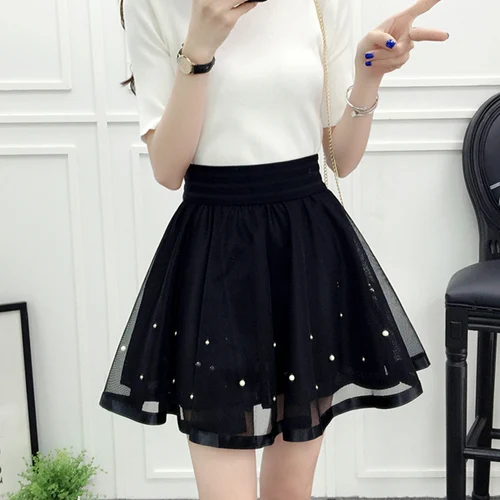 black beading Tulle Skirt High Waist New Summer Women Black Mesh Beading Sweet Mini School Skirt Elastic Waist Tutu Skirt - Цвет: black beading