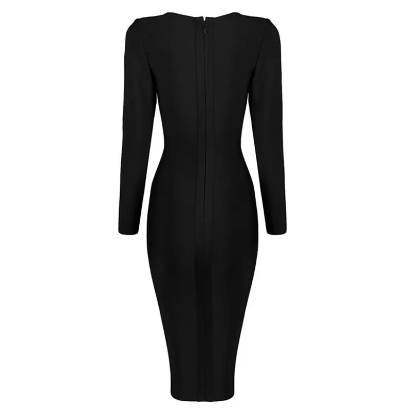 Черный по колено платья Оболочка Глубокий V шеи с длинным рукавом выдалбливают