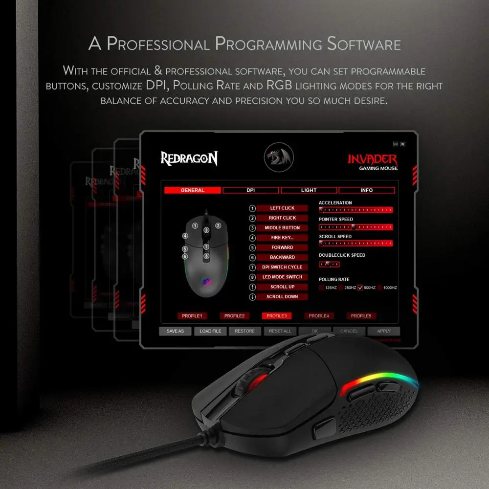 

Redragon M719 INVADER Wired Gaming Mouse Optical Office Mice RGB Backlit 10000 DPI 7 Programmable Buttons PC Computer for Dota