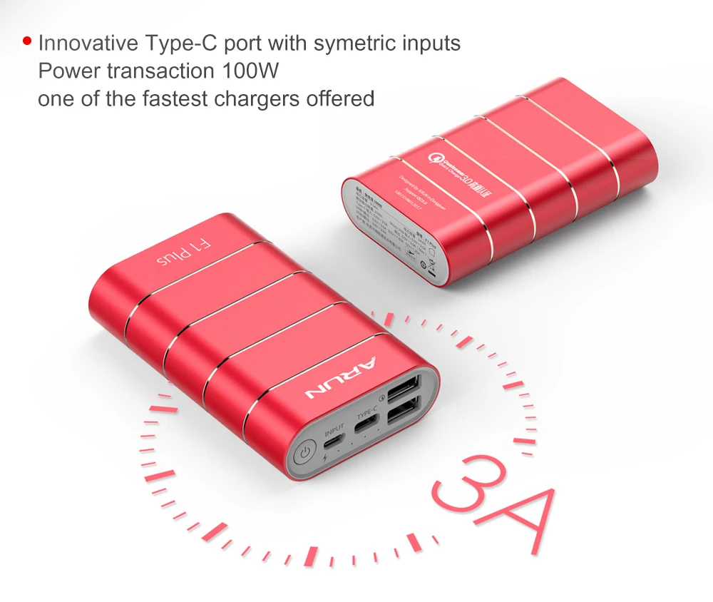 ARUN 10000 мАч Зарядное устройство QuickCharge 3 0 Интеллектуальный внешний аккумулятор type c