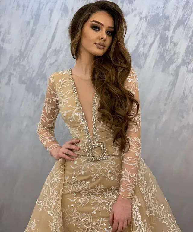 Женское вечернее платье в Дубае Robe de soiree белое кружевное с длинным рукавом и