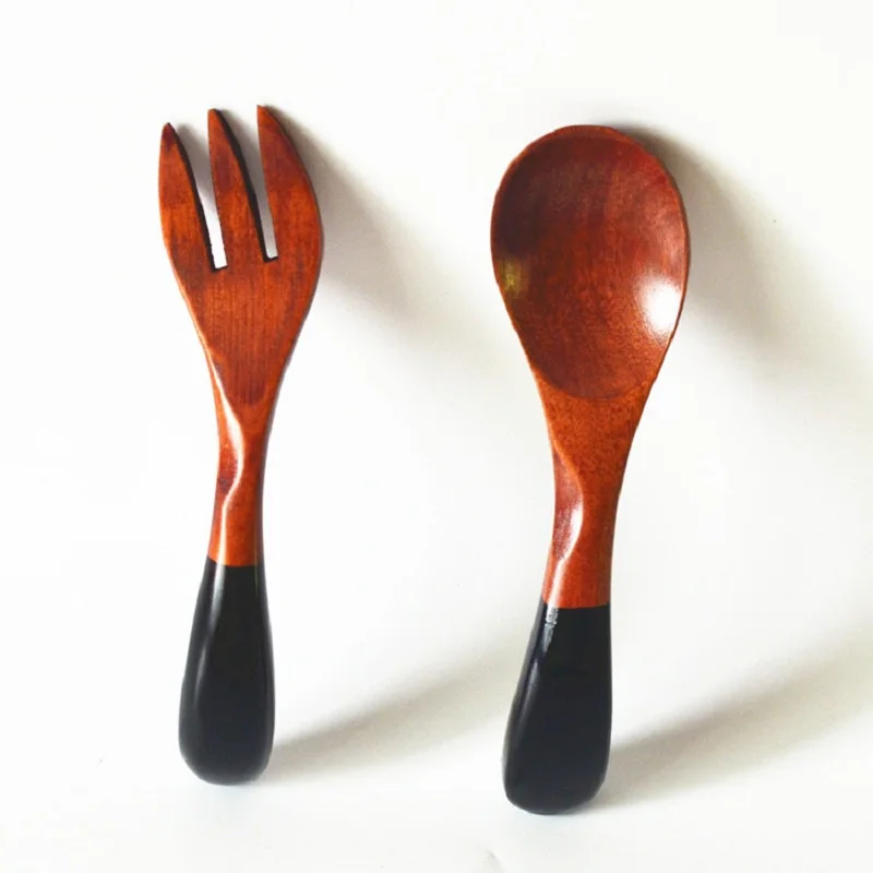 2 Sets Beautiful Twisted Spoon Fork Set Kids Wooden Red Black Curved Baby Dessert Kitchen Dinnerware | Дом и сад