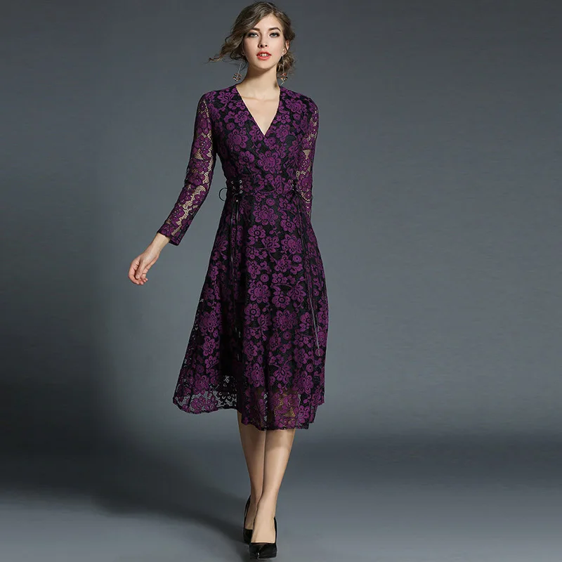 

2021 Autumn Winter Lace Bottom Dresses Women Clothes European Retro Temperament Elegant Hollow Out Sexy Party Dress Vestido A149