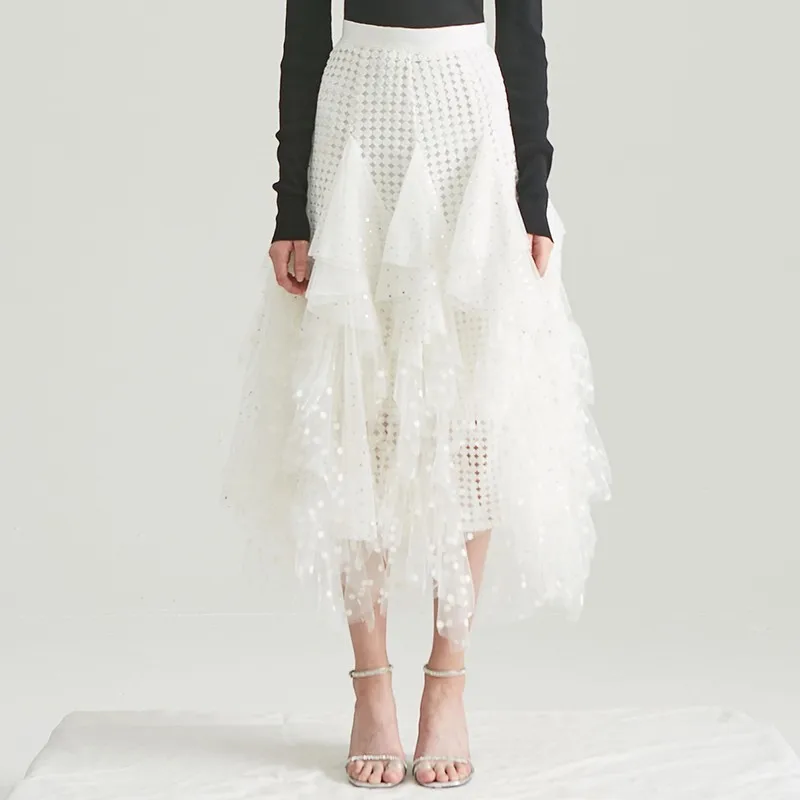 white TWOTWINSTYLE, открытая Женская юбка в горошек, высокая талия, сетчатая, неровная, средняя, юбки, женская, повседневная, Корейская,, Весенняя мода, новинка - Цвет: white