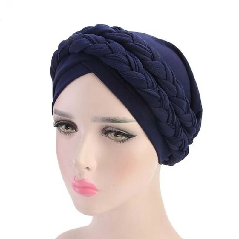 Богемный Национальный Твист коса Skullies Beanies весна осень бренд тюрбан шапки для женщин модная шапочка для химиотерапии - Цвет: Тёмно-синий