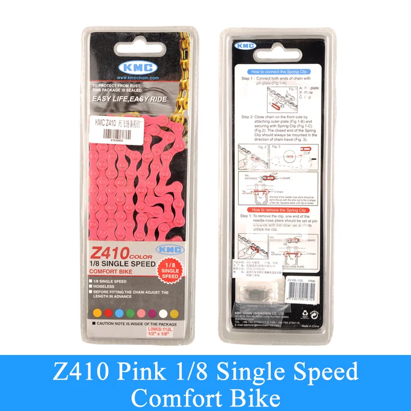 Pink KMC велосипедные цепи Z410 1/8 односкоростная фиксированная зубчатая цепь для дорожного велосипеда 112 звенья 1/"* 1/8" многоцветная велосипедная цепь 390 г - Цвет: Pink