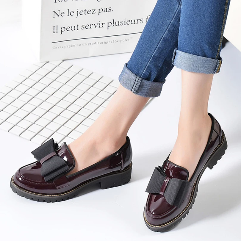 

2019 Black British With Plush Butterfly knot Flats Casual Female Women Loafers Shoes Woman Winter Round-Toe Small Big Size 33-42