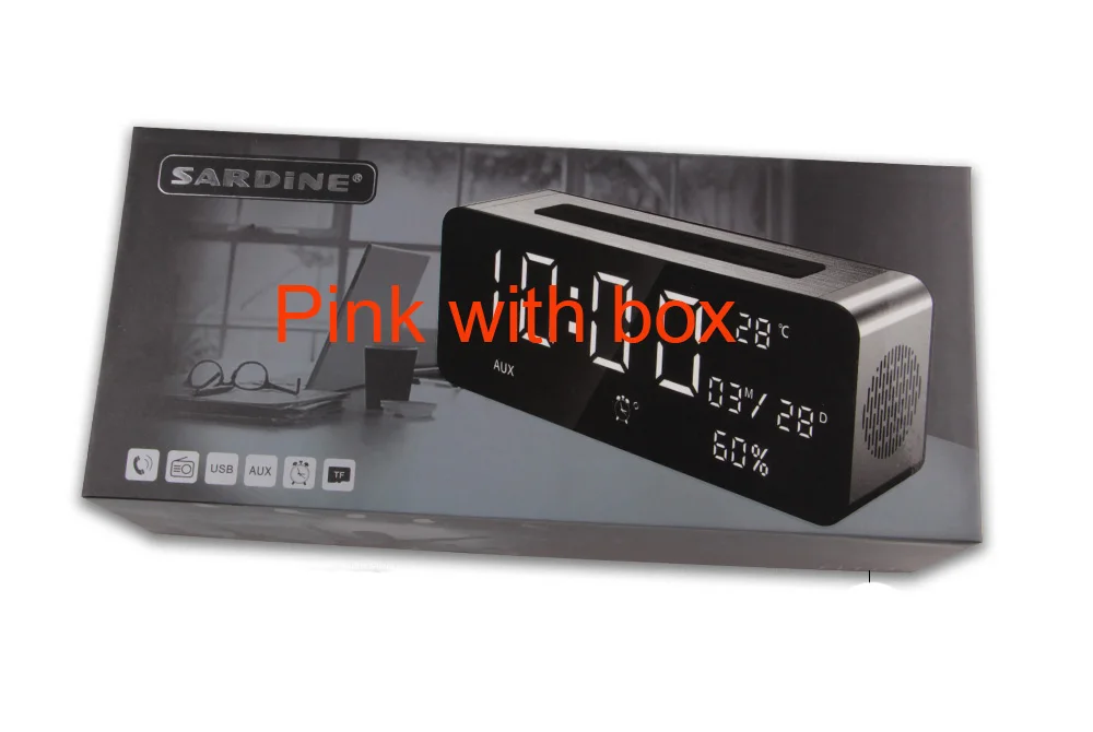 Pink with box Сардины A10 динамик bluetooth 5000 мАч Портативный будильник MP3 динамик 52 мм рог большой звук для вечерние TF карты USB FM радио - Цвет: Pink with box