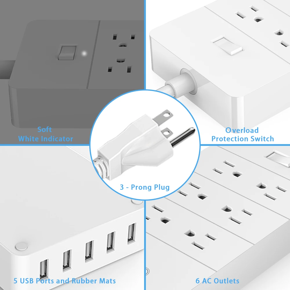 Фото NTON Защита от перенапряжения 1850 Вт умная лента питания с 6 выходами и 5 USB 40 Вт Зарядное устройство энергосбережение для дома ETL №2
