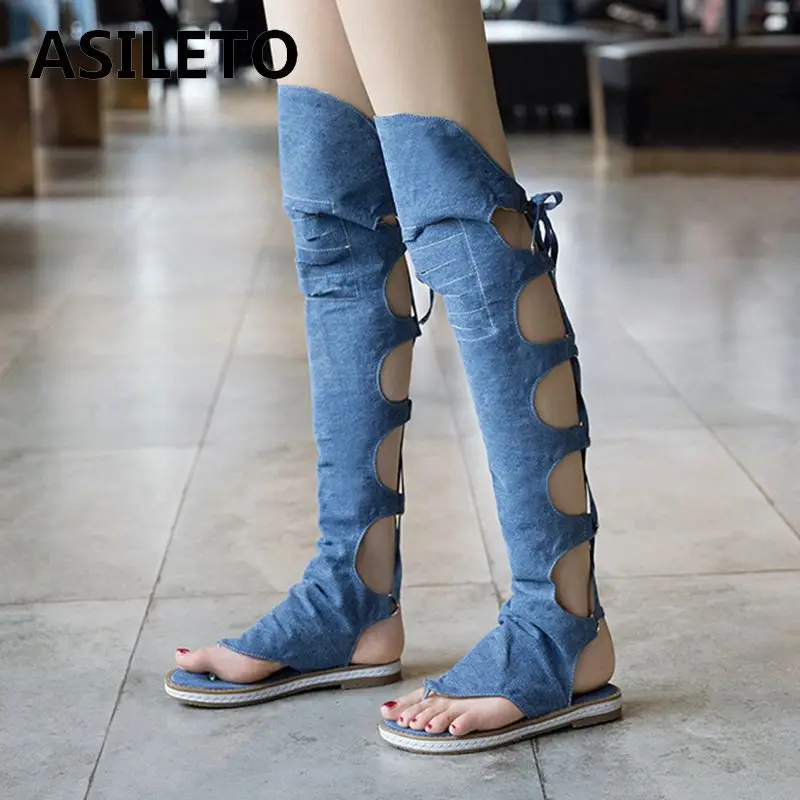 ASILETO крутые женские стринги обувь джинсовые летние сапоги на низком каблуке выше