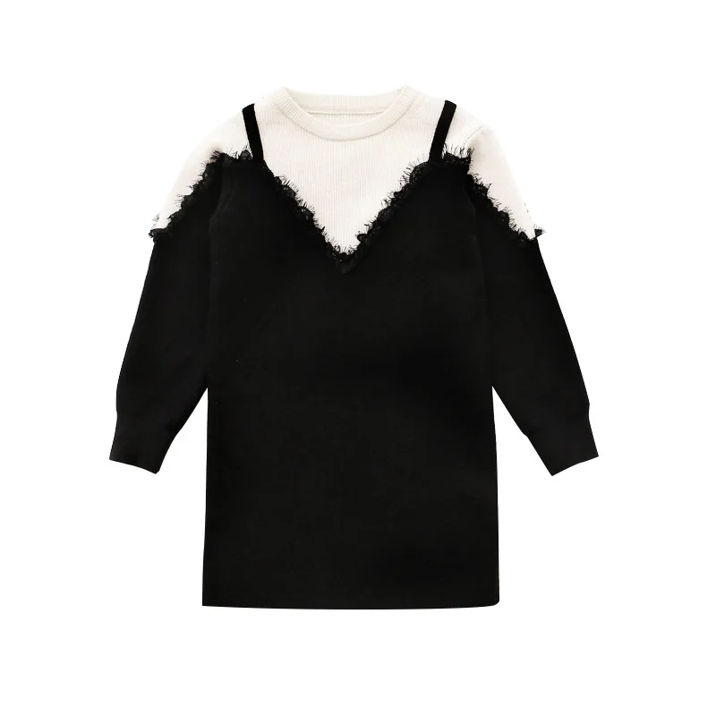 Вязаные свитеры платье для девочек зима-осень 2017 г. белый черный с длинными